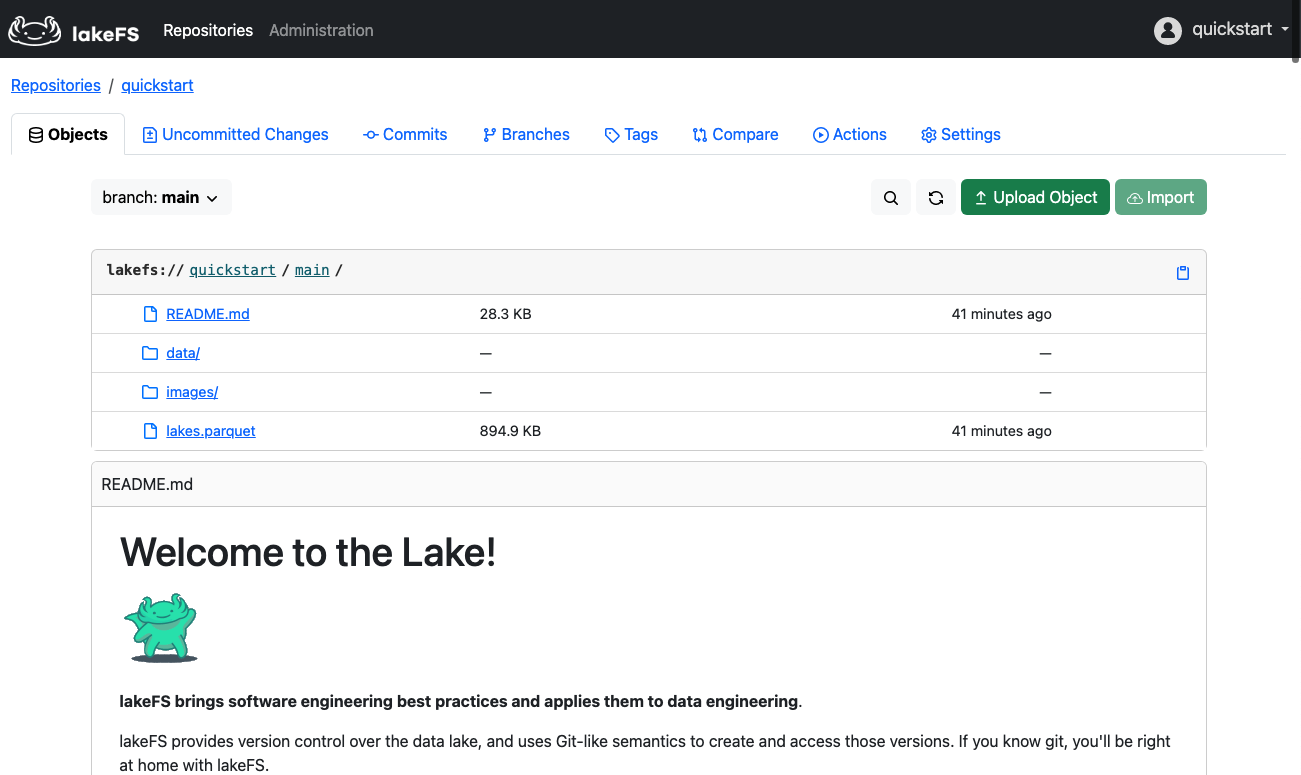 The quickstart sample repo in lakeFS